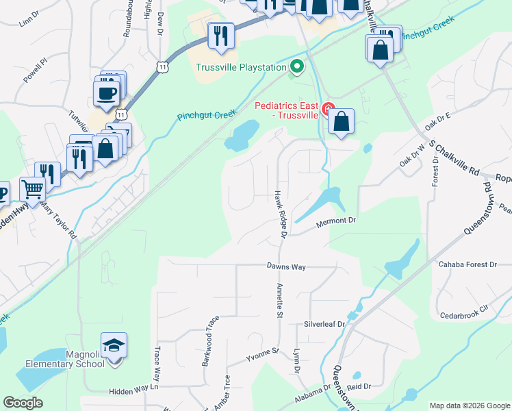 map of restaurants, bars, coffee shops, grocery stores, and more near 3603 Harrier Road in Trussville