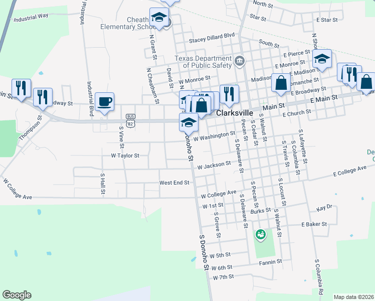 map of restaurants, bars, coffee shops, grocery stores, and more near 404 South Donoho Street in Clarksville