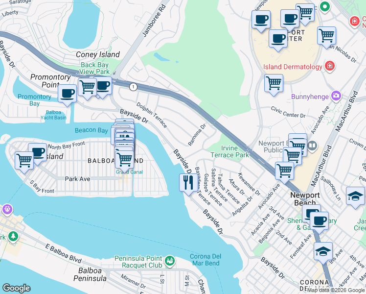 map of restaurants, bars, coffee shops, grocery stores, and more near 1535 Dolphin Terrace in Newport Beach