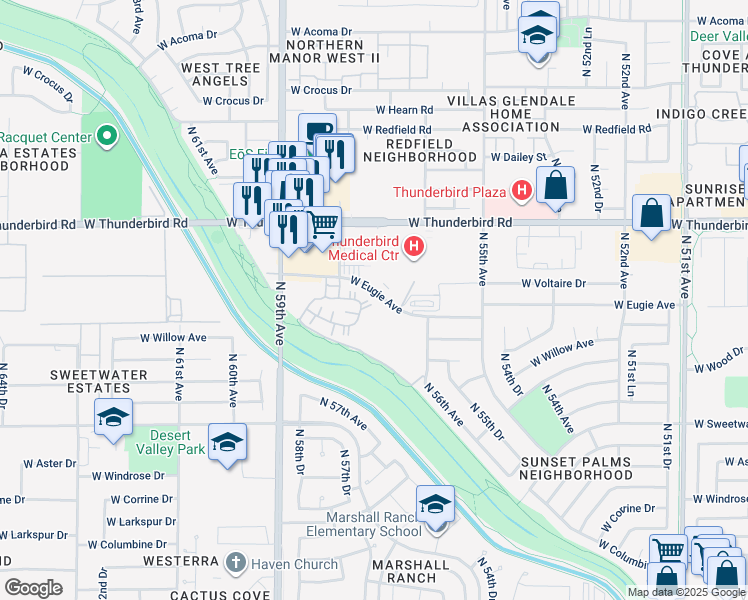 map of restaurants, bars, coffee shops, grocery stores, and more near 5605 West Eugie Avenue in Glendale