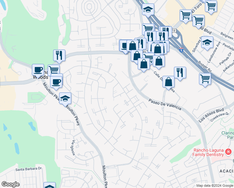map of restaurants, bars, coffee shops, grocery stores, and more near in Laguna Woods
