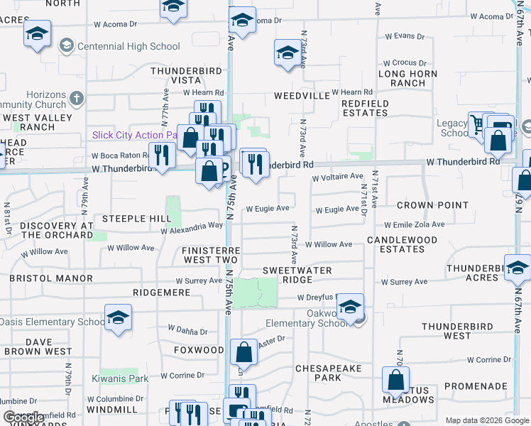 map of restaurants, bars, coffee shops, grocery stores, and more near 7352 West Emile Zola Avenue in Peoria