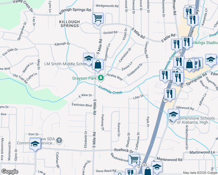 map of restaurants, bars, coffee shops, grocery stores, and more near 405 Camellia Road in Birmingham