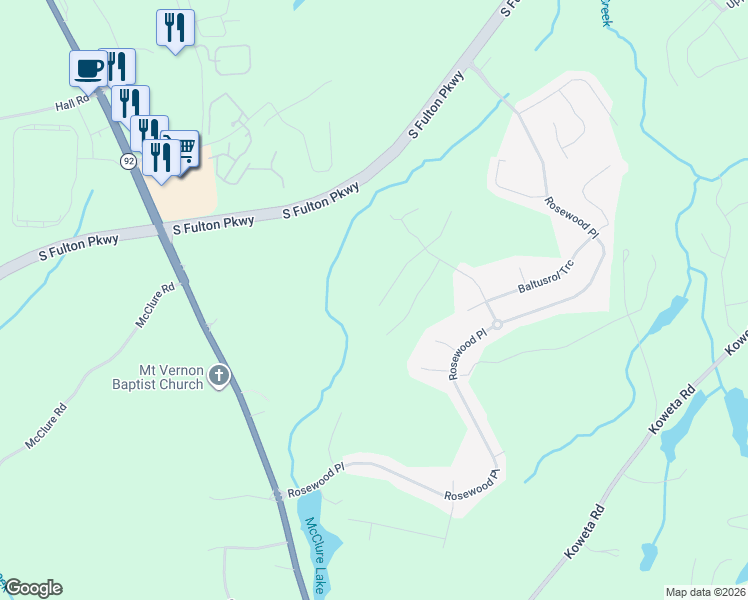 map of restaurants, bars, coffee shops, grocery stores, and more near 5617 Dendy Trace in Fairburn