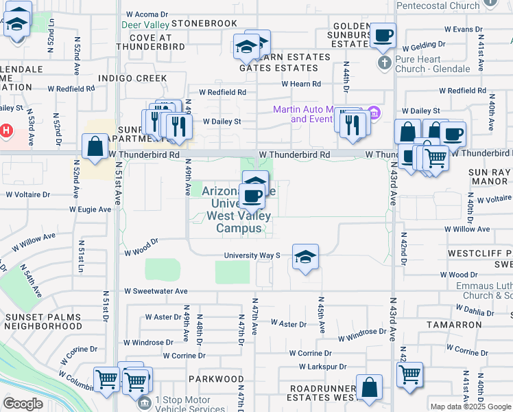 map of restaurants, bars, coffee shops, grocery stores, and more near 4701 West Thunderbird Road in Glendale
