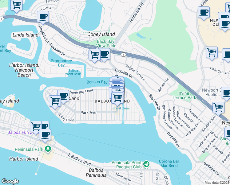 map of restaurants, bars, coffee shops, grocery stores, and more near 310 Marine Avenue in Newport Beach
