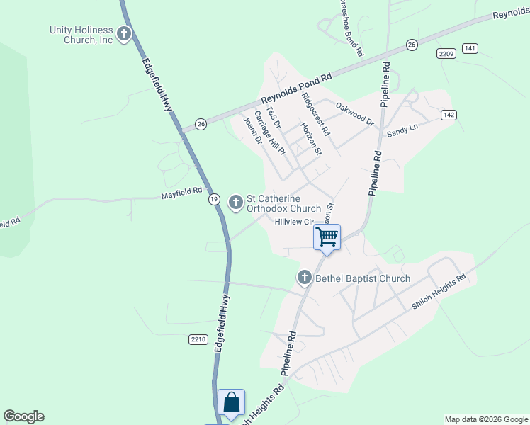 map of restaurants, bars, coffee shops, grocery stores, and more near 1116 Pineland Terrace in Aiken