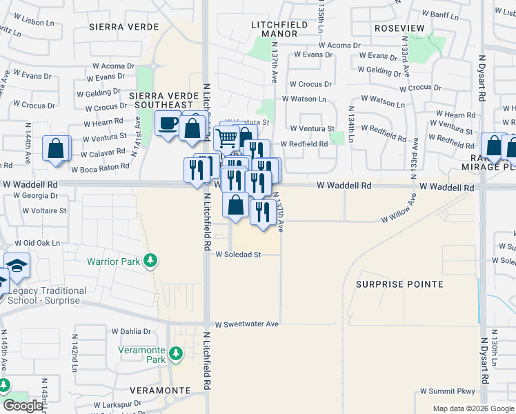 map of restaurants, bars, coffee shops, grocery stores, and more near 13681 North Litchfield Road in Surprise