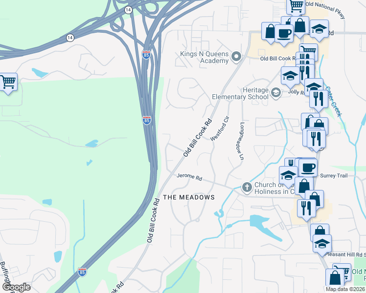 map of restaurants, bars, coffee shops, grocery stores, and more near 5430 Old Bill Cook Road in Atlanta