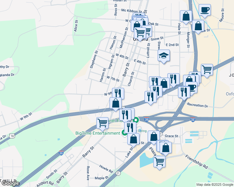 map of restaurants, bars, coffee shops, grocery stores, and more near 1330 Barry Street in Oxford