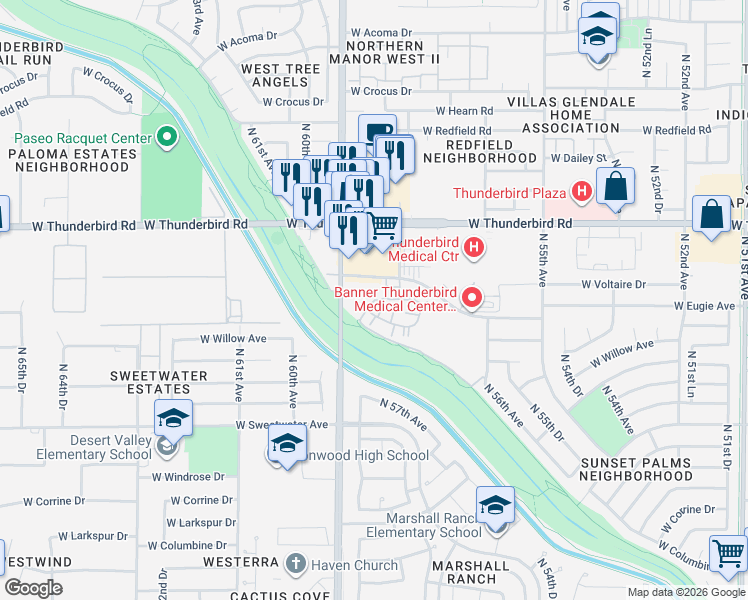 map of restaurants, bars, coffee shops, grocery stores, and more near North Thunderbird Drive in Glendale