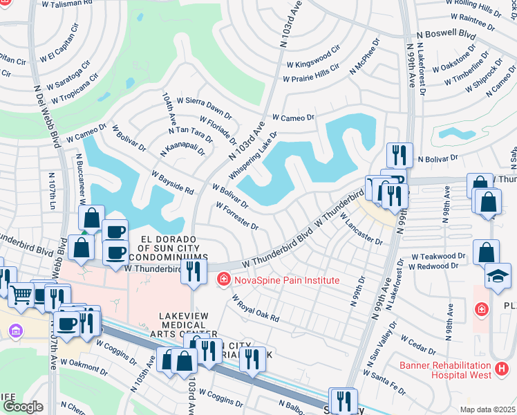 map of restaurants, bars, coffee shops, grocery stores, and more near 10105 West Bolivar Drive in Sun City