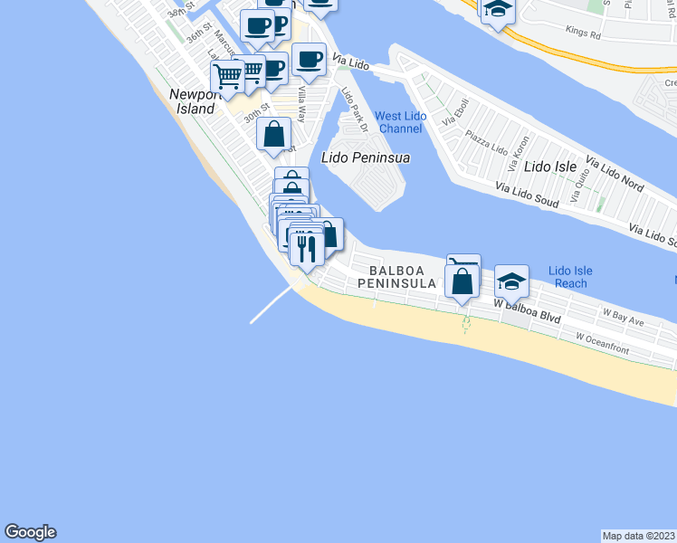 map of restaurants, bars, coffee shops, grocery stores, and more near 1909 West Balboa Boulevard in Newport Beach