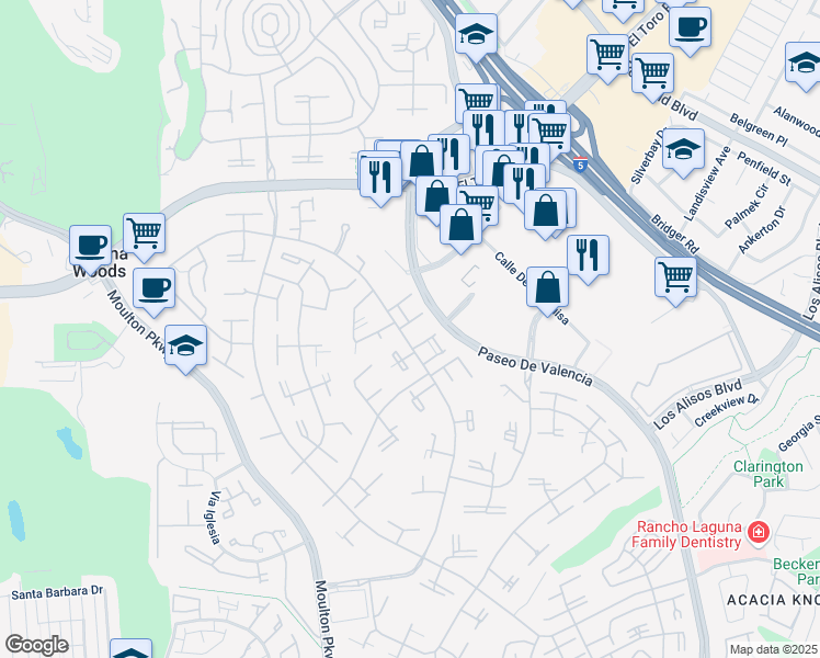 map of restaurants, bars, coffee shops, grocery stores, and more near 38 Calle Aragon in Laguna Woods