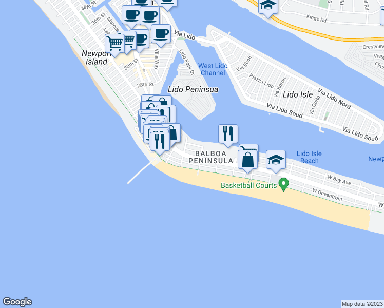 map of restaurants, bars, coffee shops, grocery stores, and more near 1816 West Balboa Boulevard in Newport Beach