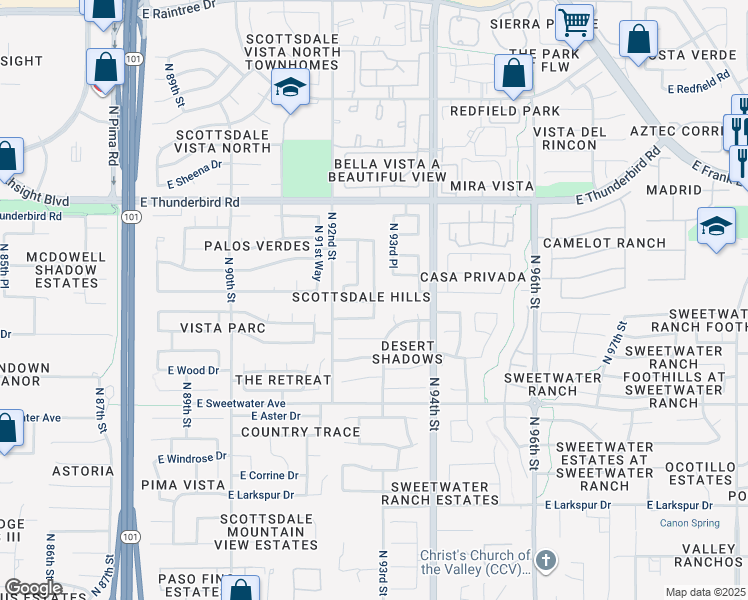 map of restaurants, bars, coffee shops, grocery stores, and more near 13344 North 93rd Place in Scottsdale
