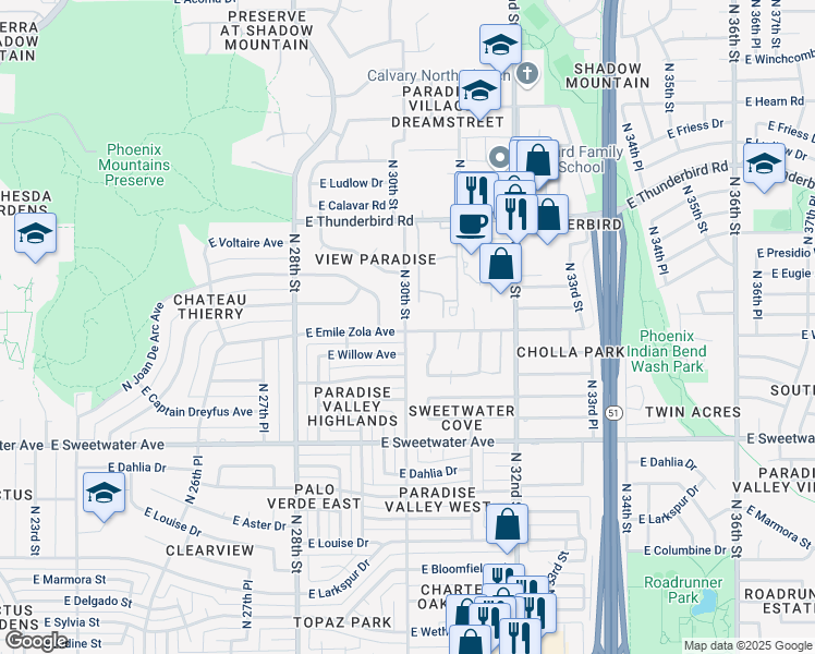 map of restaurants, bars, coffee shops, grocery stores, and more near 3015 East Emile Zola Avenue in Phoenix