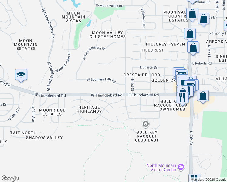 map of restaurants, bars, coffee shops, grocery stores, and more near 30 West Thunderbird Road in Phoenix
