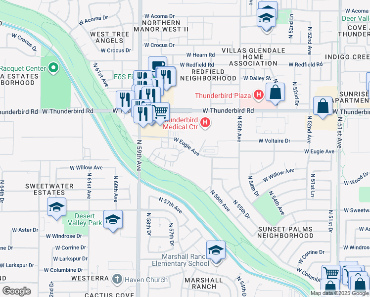 map of restaurants, bars, coffee shops, grocery stores, and more near 5757 West Eugie Avenue in Glendale