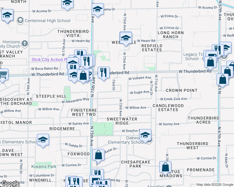 map of restaurants, bars, coffee shops, grocery stores, and more near 7311 West Emile Zola Avenue in Peoria