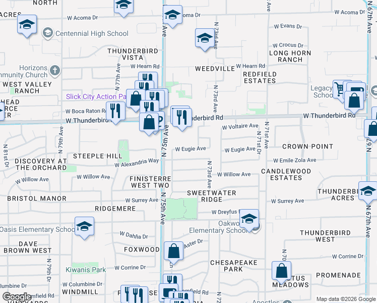 map of restaurants, bars, coffee shops, grocery stores, and more near 7352 West Emile Zola Avenue in Peoria