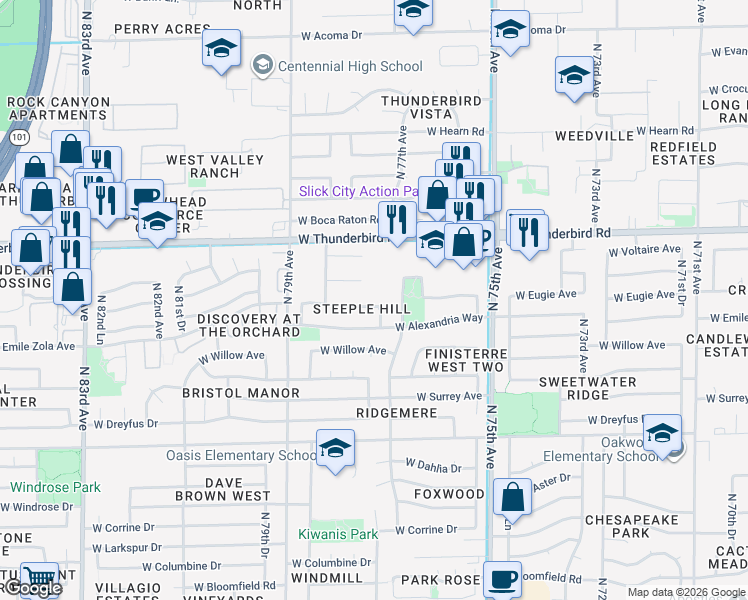 map of restaurants, bars, coffee shops, grocery stores, and more near 7727 West Eugie Avenue in Peoria