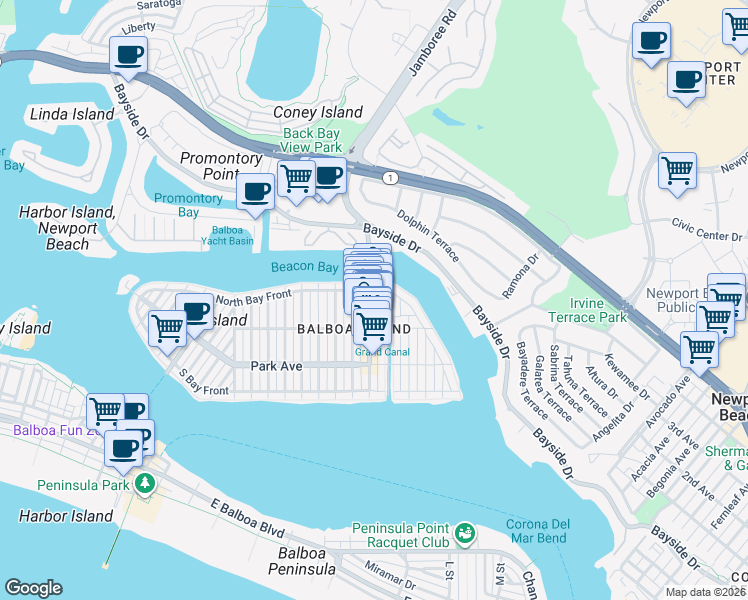 map of restaurants, bars, coffee shops, grocery stores, and more near 310 Marine Avenue in Newport Beach