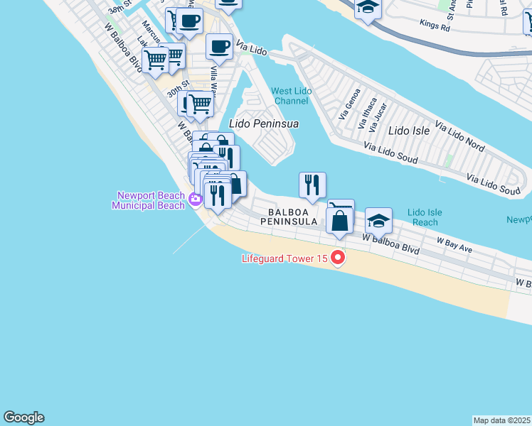 map of restaurants, bars, coffee shops, grocery stores, and more near 1811 West Balboa Boulevard in Newport Beach