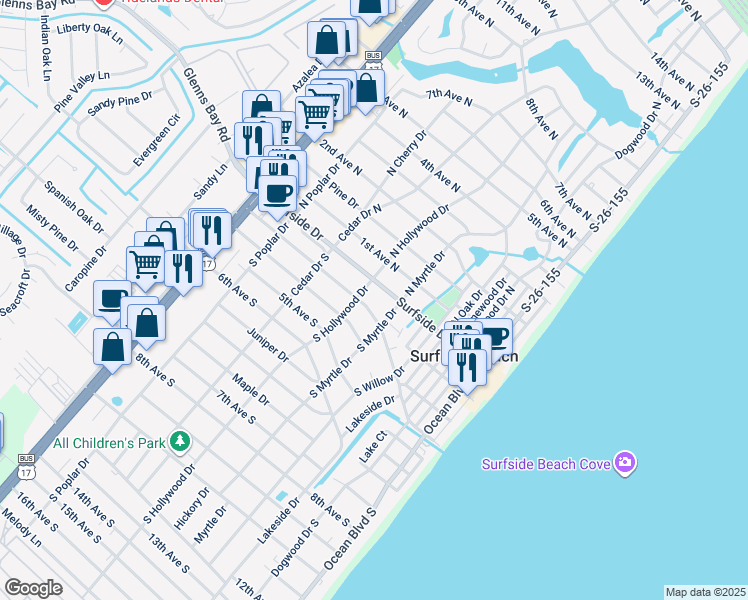 map of restaurants, bars, coffee shops, grocery stores, and more near 14 South Myrtle Drive in Surfside Beach