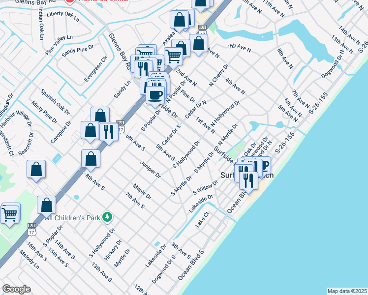 map of restaurants, bars, coffee shops, grocery stores, and more near 516 4th Avenue South in Surfside Beach