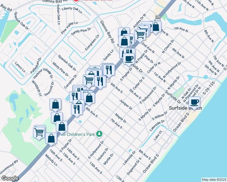 map of restaurants, bars, coffee shops, grocery stores, and more near 417 South Poplar Drive in Surfside Beach