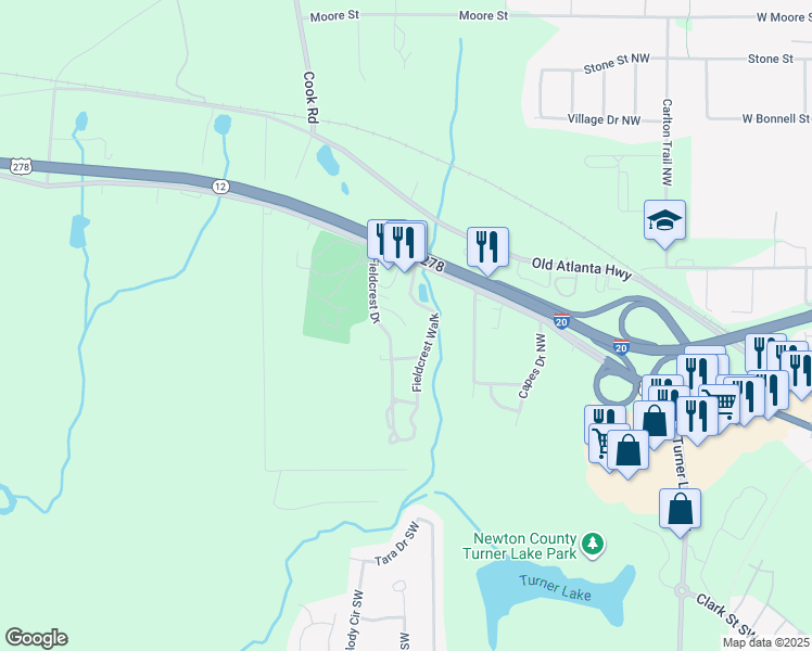 map of restaurants, bars, coffee shops, grocery stores, and more near 112 Fieldcrest Drive in Covington