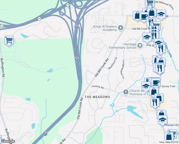 map of restaurants, bars, coffee shops, grocery stores, and more near 5478 Jerome Road in College Park