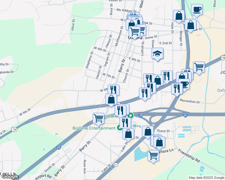 map of restaurants, bars, coffee shops, grocery stores, and more near 89 Hamric Drive West in Oxford
