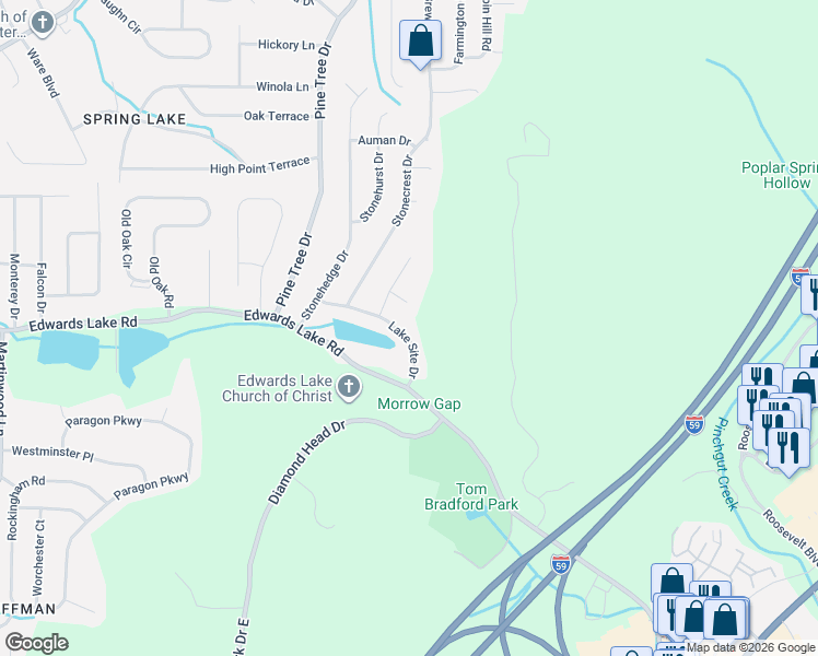 map of restaurants, bars, coffee shops, grocery stores, and more near 1549 Lake Site Drive in Birmingham