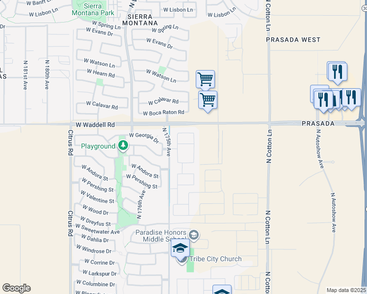 map of restaurants, bars, coffee shops, grocery stores, and more near 17303 West Waddell Road in Surprise