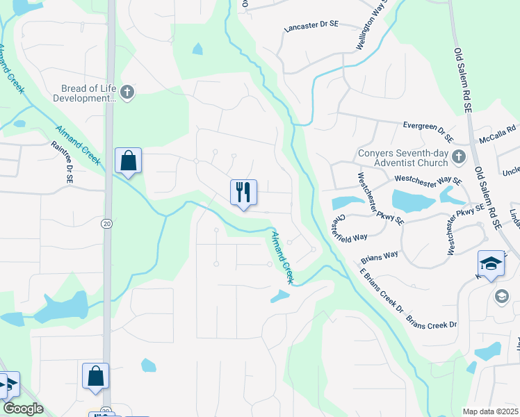 map of restaurants, bars, coffee shops, grocery stores, and more near 1368 Fall River Drive Southeast in Conyers