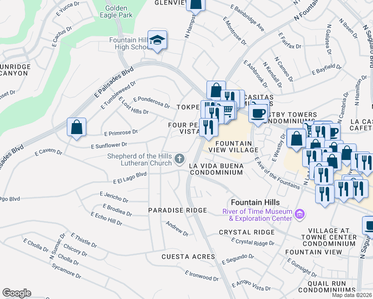 map of restaurants, bars, coffee shops, grocery stores, and more near 13600 North Fountain Hills Boulevard in Fountain Hills