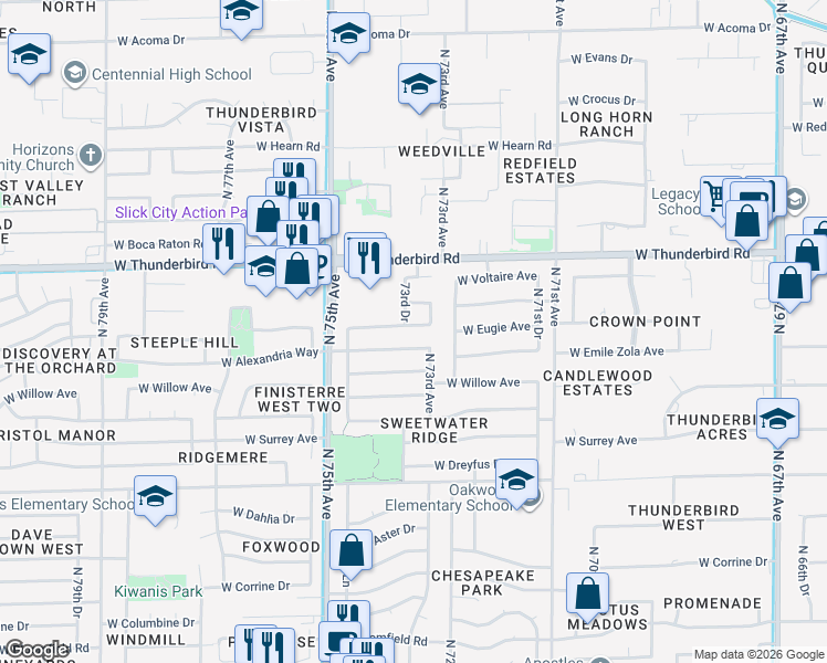 map of restaurants, bars, coffee shops, grocery stores, and more near 7311 West Emile Zola Avenue in Peoria