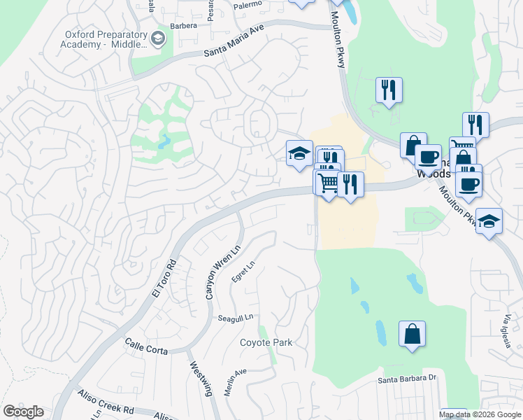 map of restaurants, bars, coffee shops, grocery stores, and more near 29 Bluebird Lane in Aliso Viejo