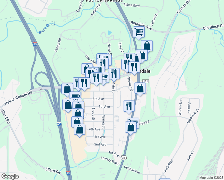 map of restaurants, bars, coffee shops, grocery stores, and more near 1502 Main Street in Fultondale