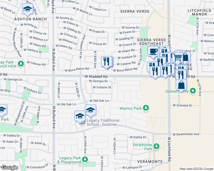 map of restaurants, bars, coffee shops, grocery stores, and more near 14158 West Voltaire Street in Surprise