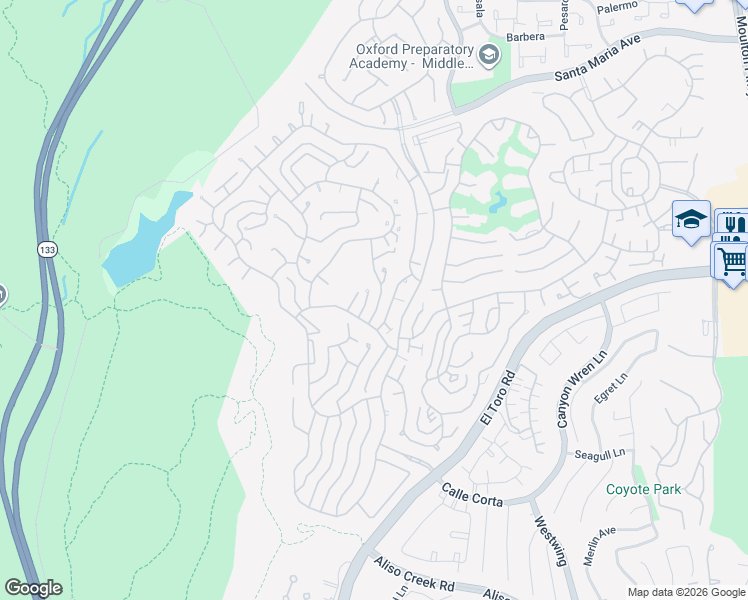 map of restaurants, bars, coffee shops, grocery stores, and more near 3361 Monte Hermoso in Laguna Woods