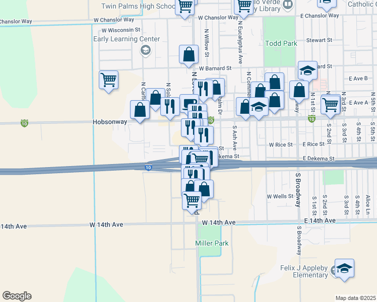 map of restaurants, bars, coffee shops, grocery stores, and more near 201 South Lovekin Boulevard in Blythe