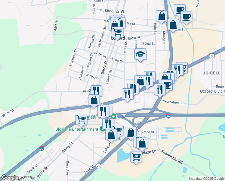 map of restaurants, bars, coffee shops, grocery stores, and more near 121 Cooper Court in Oxford