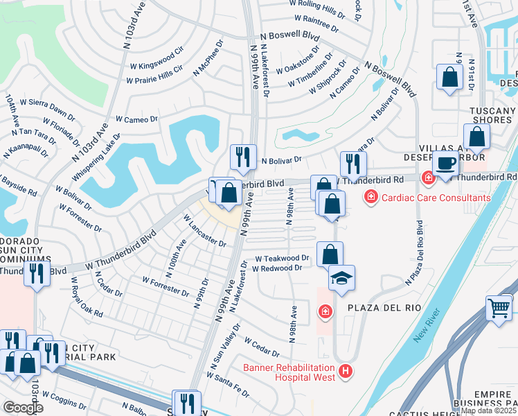 map of restaurants, bars, coffee shops, grocery stores, and more near 9844 West Royal Ridge Drive in Sun City