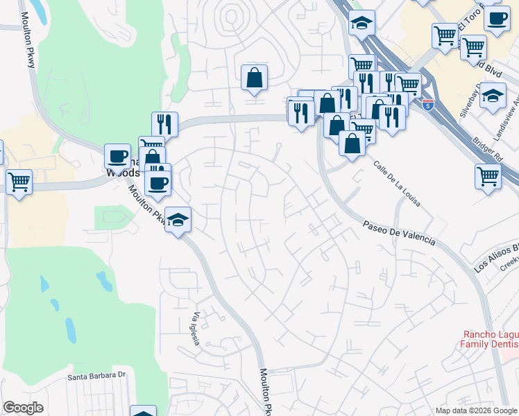 map of restaurants, bars, coffee shops, grocery stores, and more near 27 Avenida Castilla in Laguna Woods