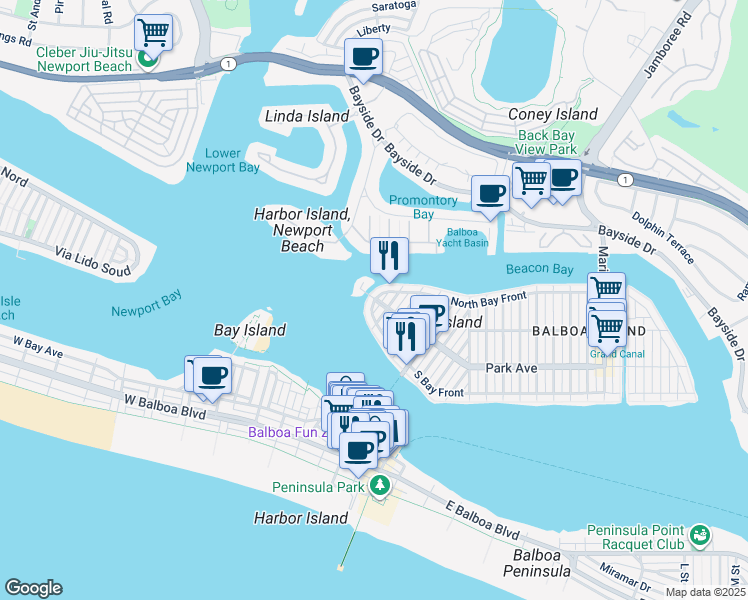map of restaurants, bars, coffee shops, grocery stores, and more near 2 South Bay Front in Newport Beach