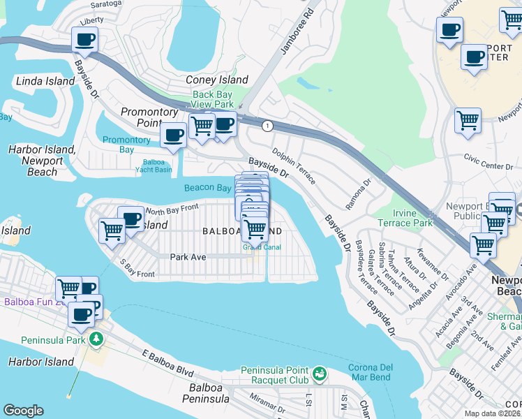 map of restaurants, bars, coffee shops, grocery stores, and more near 325 Grand Canal in Newport Beach
