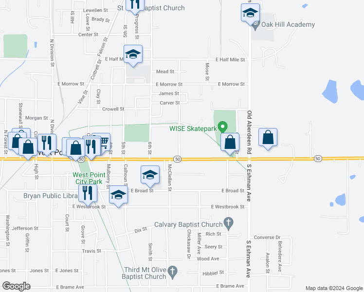 map of restaurants, bars, coffee shops, grocery stores, and more near 136 Martin Luther King Drive in West Point